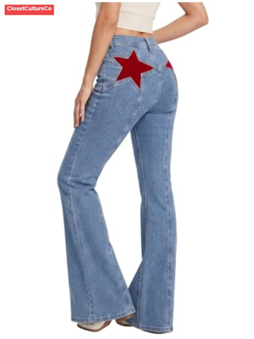 High Waisted Flare Jeans with Star Patches Y2K Retro Denim